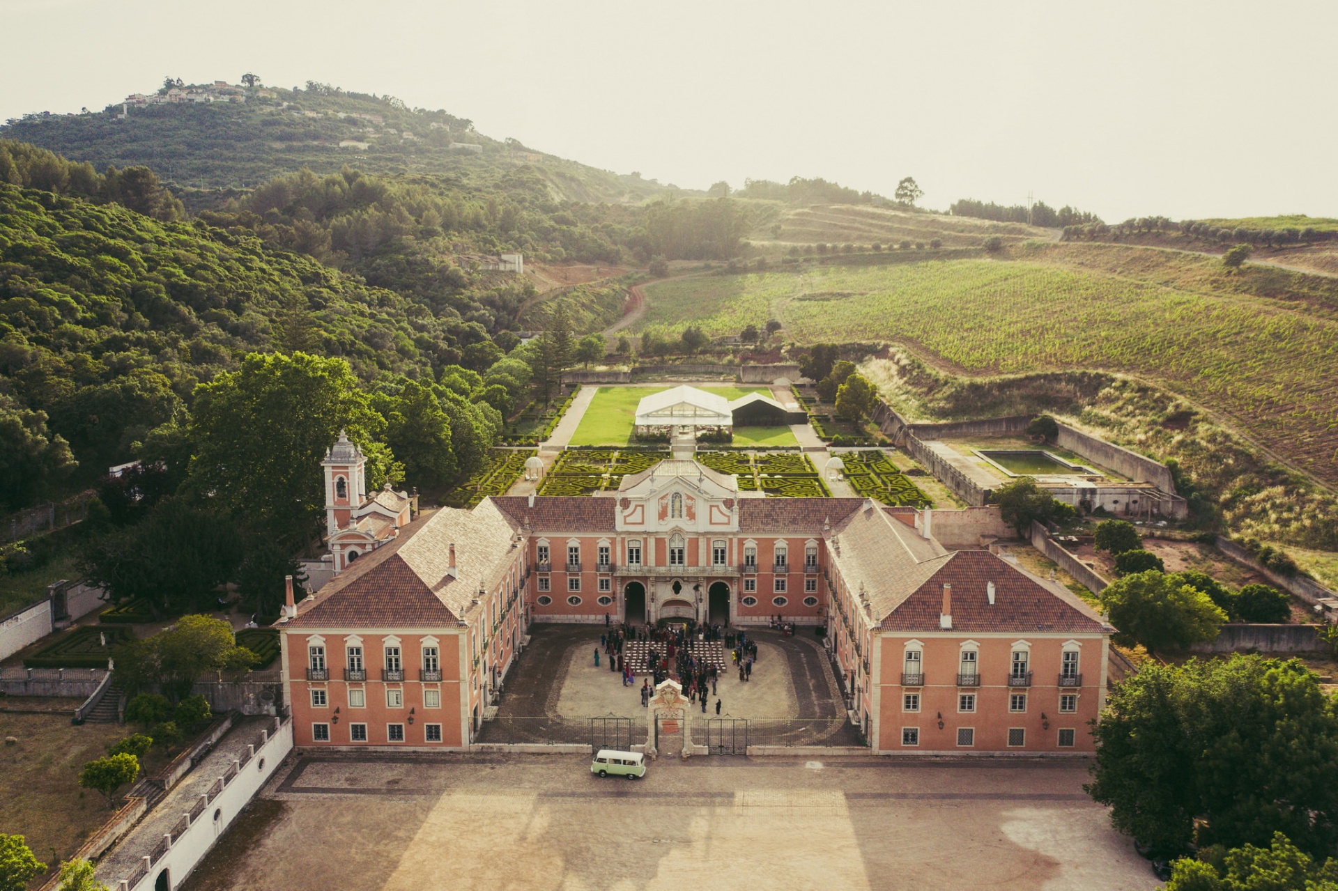 Palácio Correio Mor aerial view with formal gardens and vineyards