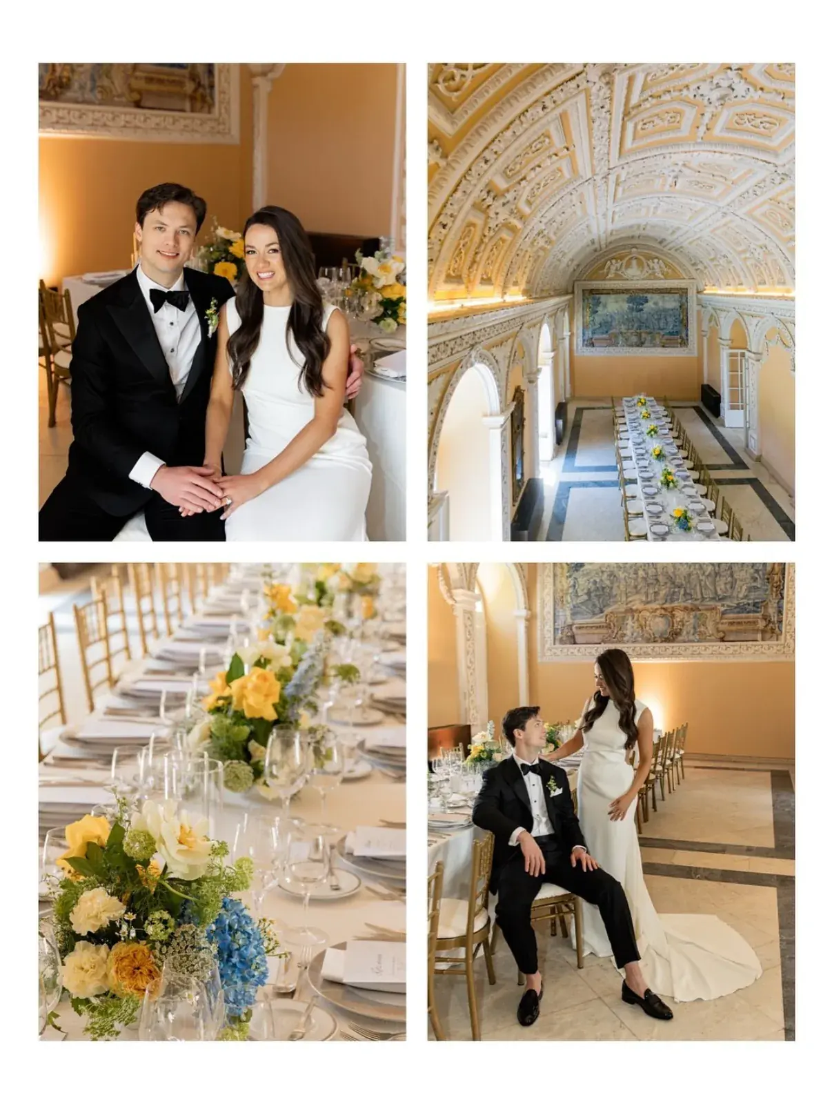 Four scenes from a palace wedding, from frescoed dining gallery to table flowers and a quiet portrait