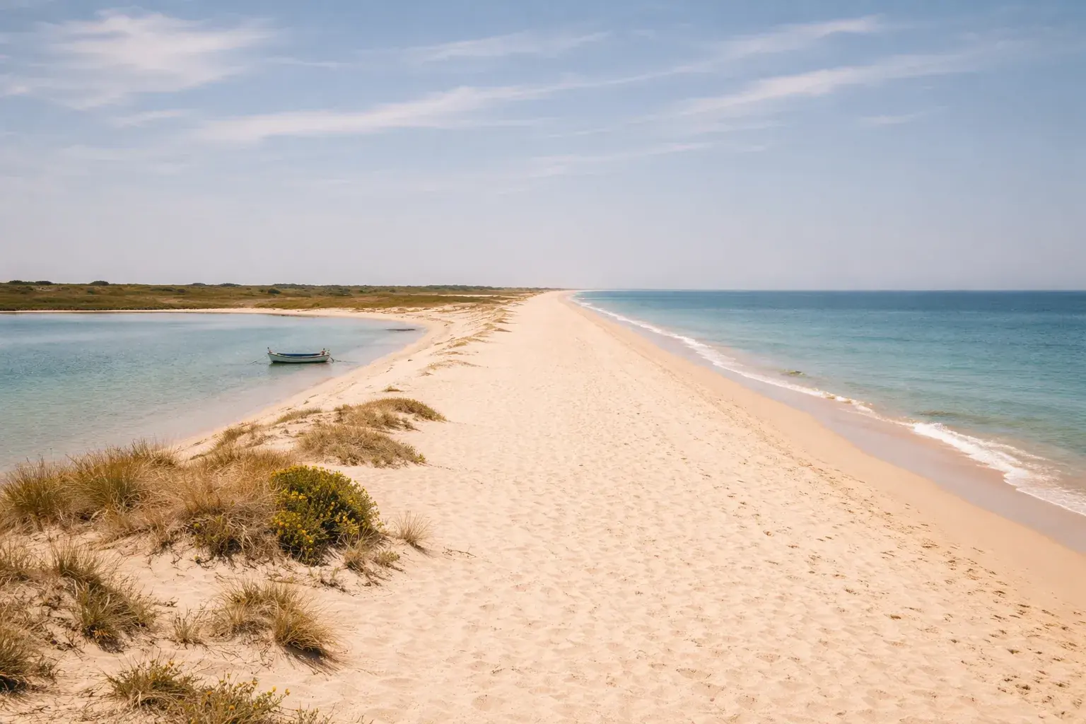 Ria Formosa barrier island — calm lagoon, empty sand, wooden boat on turquoise water