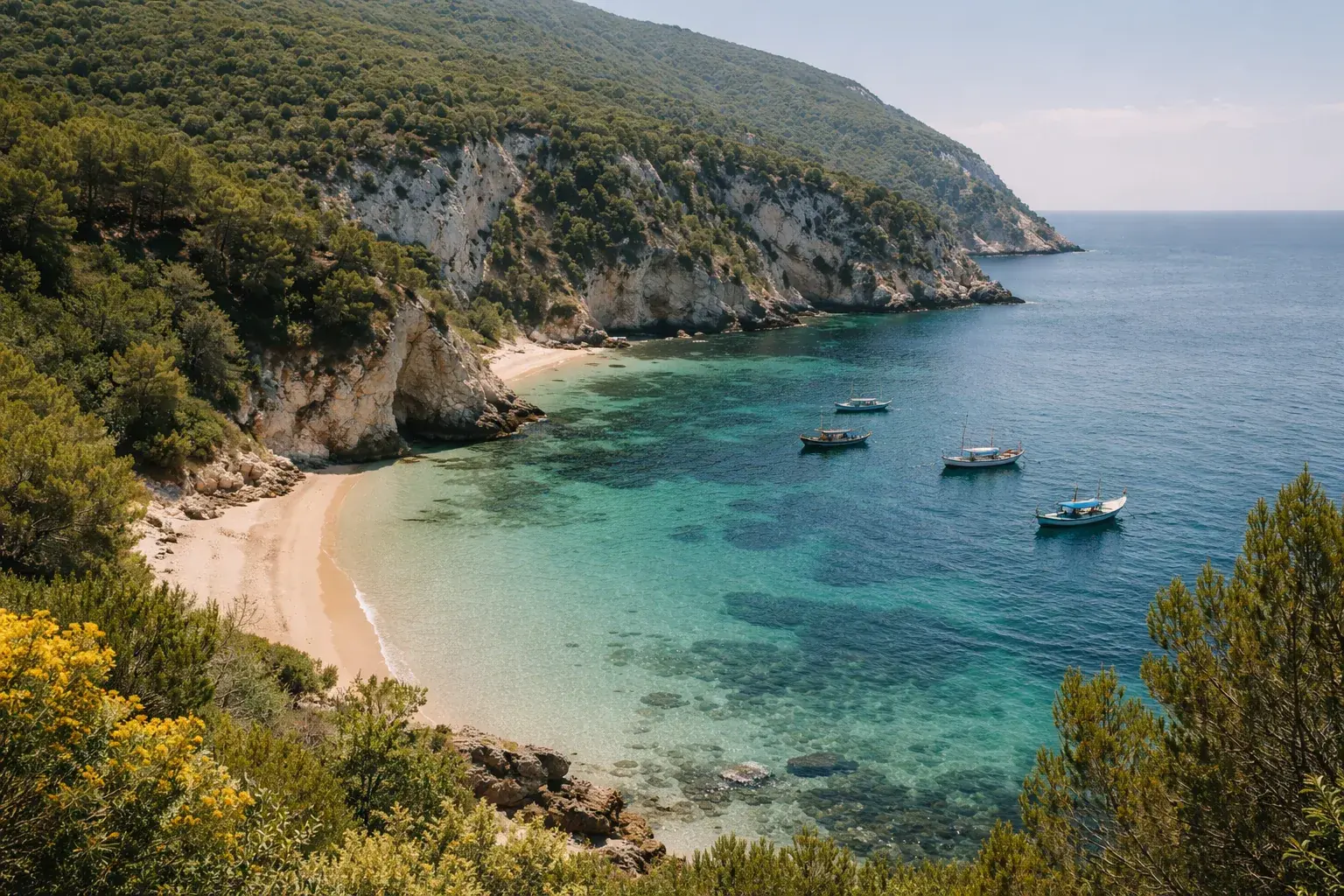 Arrábida coast — sheltered turquoise cove, forested limestone cliffs, wooden boats