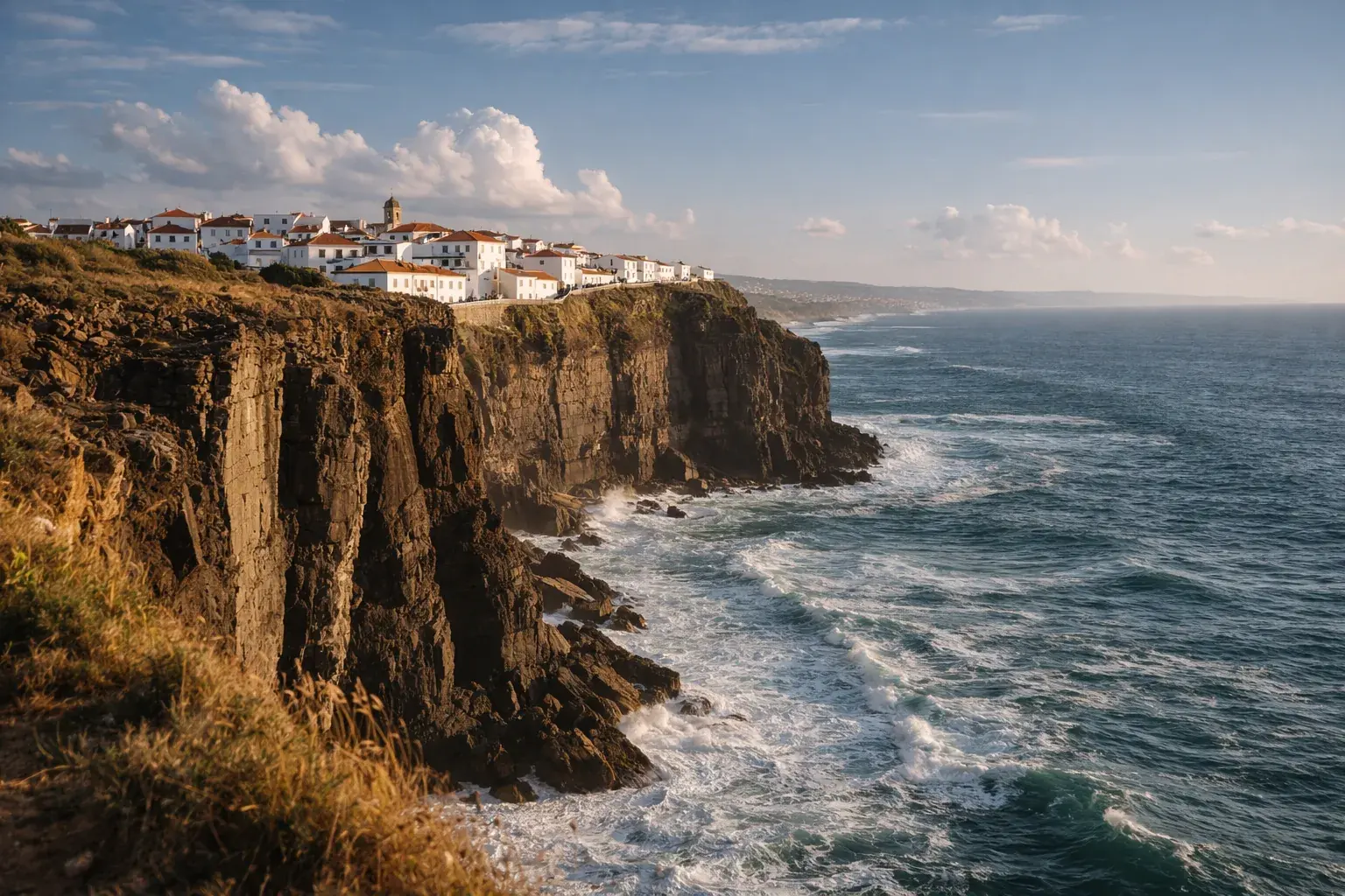 Ericeira — whitewashed cliff village above dramatic Atlantic waves at golden hour