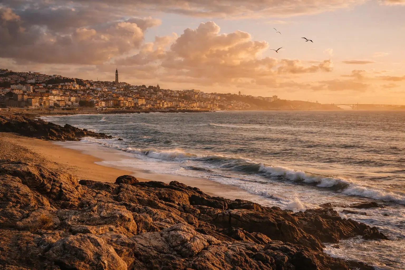 Foz do Douro — Douro mouth meeting Atlantic, Porto skyline in distance, golden hour light