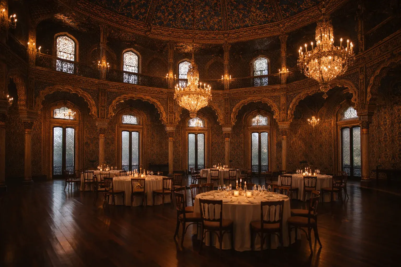 Palácio da Bolsa Arab Room — gilded Moorish Revival interior with chandeliers