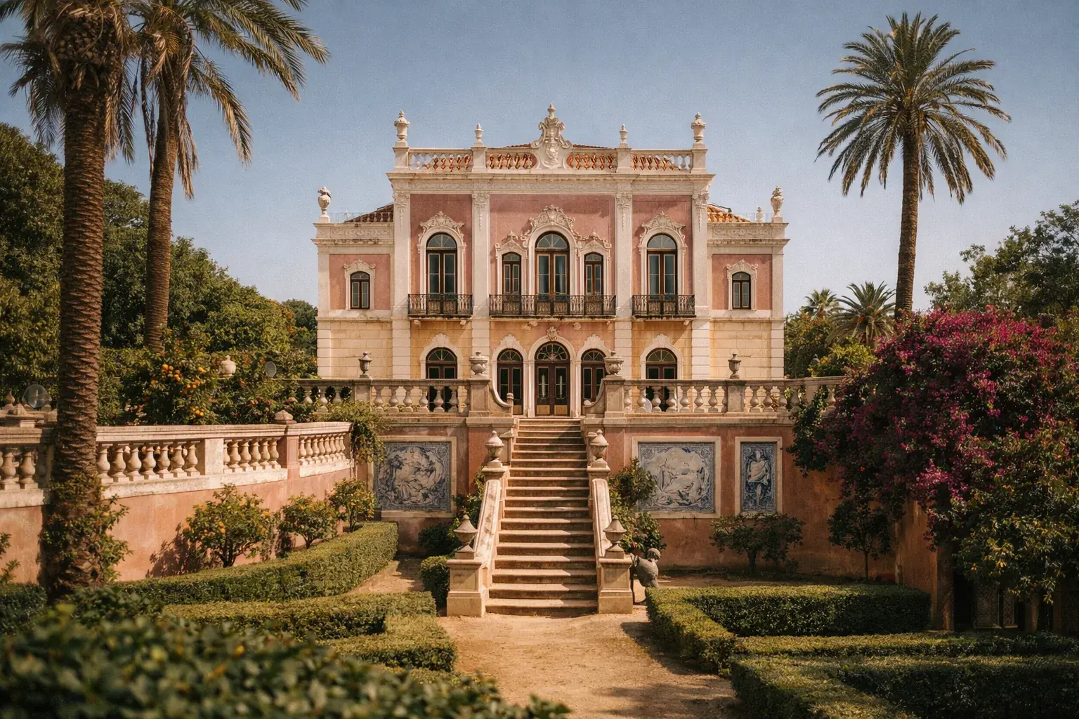 Palácio de Estoi — pink Rococo facade with azulejo panels and palm trees