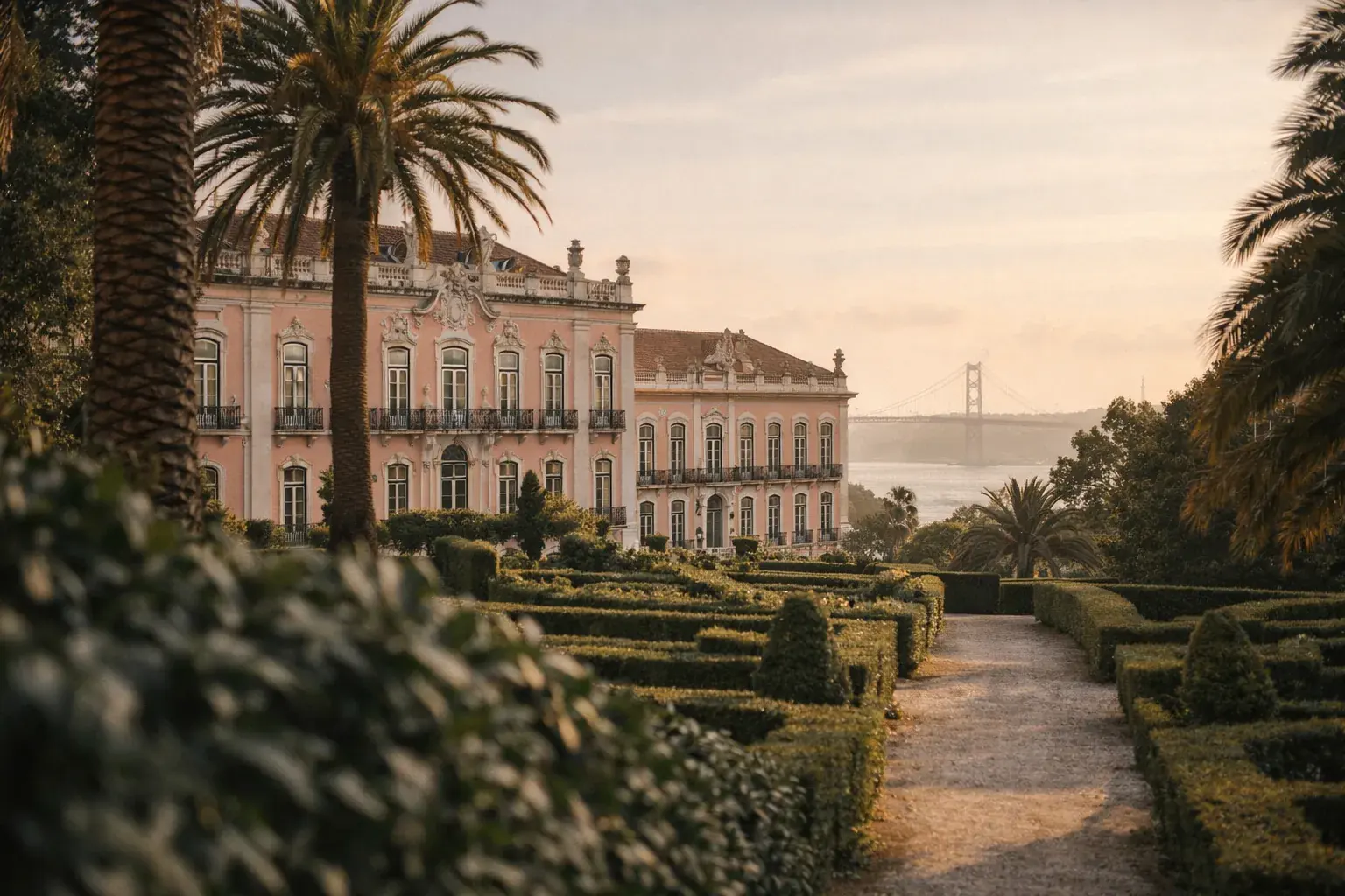 Pestana Palace Lisboa — pink palace with subtropical gardens and 25 de Abril Bridge