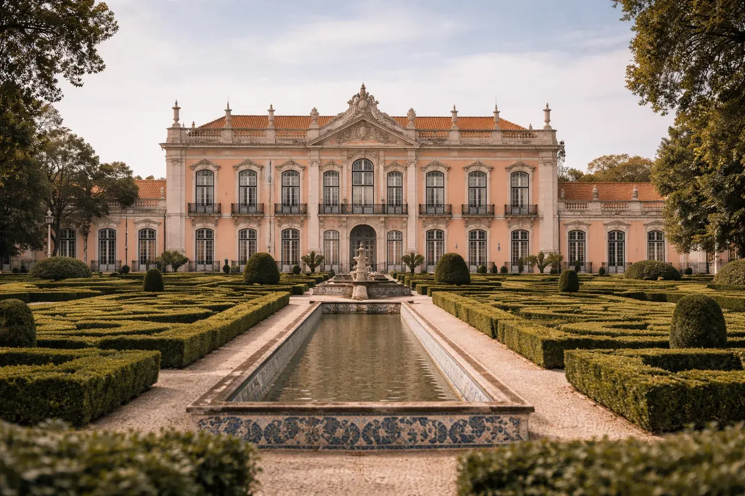 Palácio de Queluz formal gardens — Rococo architecture and Canal dos Azulejos