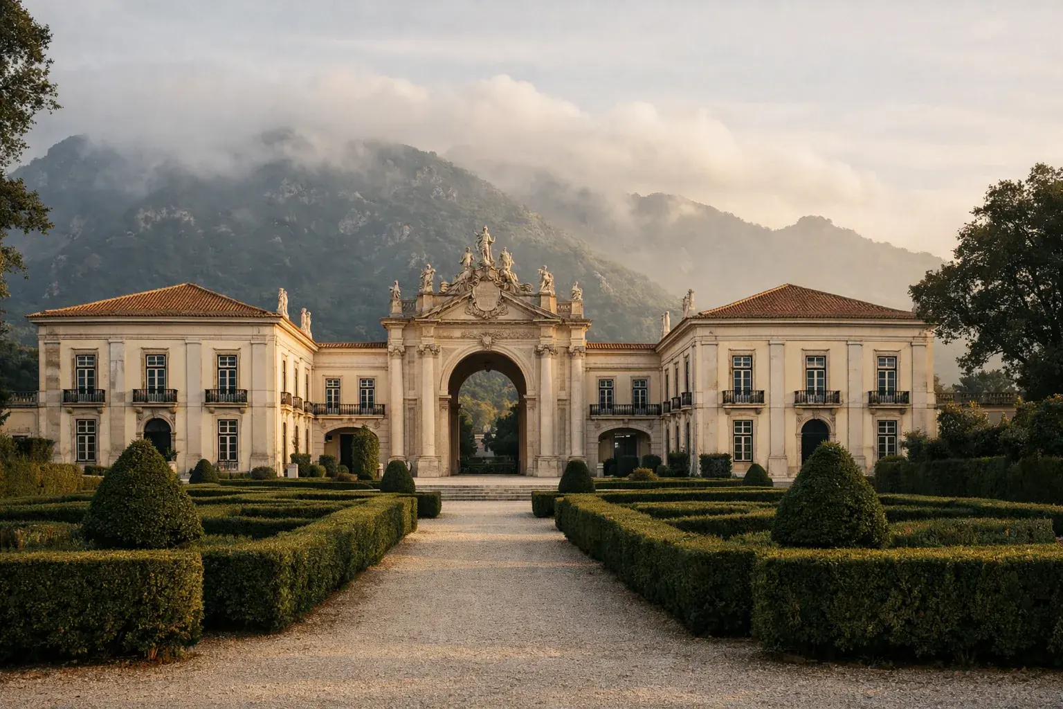 Palácio de Seteais — neoclassical facade with triumphal arch and misty Serra de Sintra
