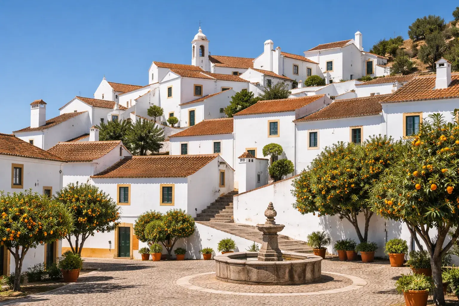 A quiet whitewashed village plaza in off-radar inland Portugal