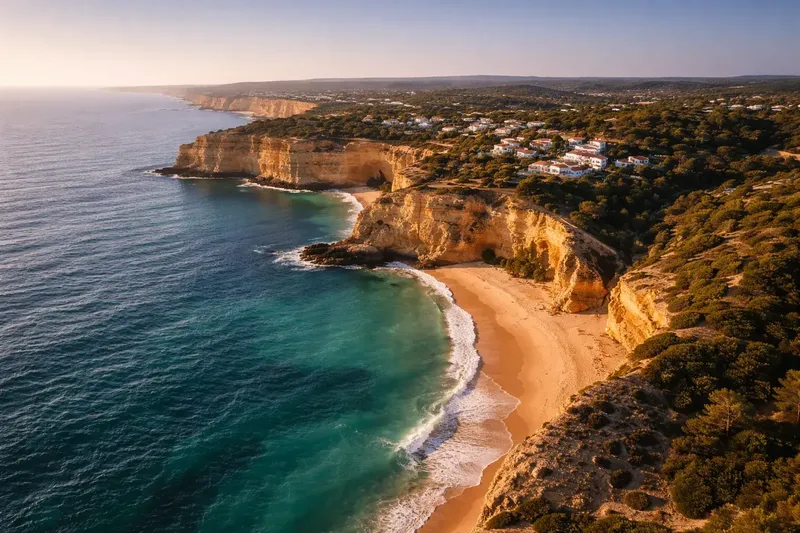 Aerial view of an Algarve cliff and beach cove on the south coast
