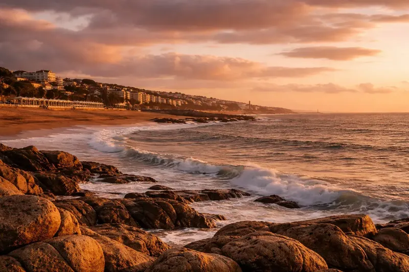 The rocky Cascais coastline at sunset on the Estoril coast