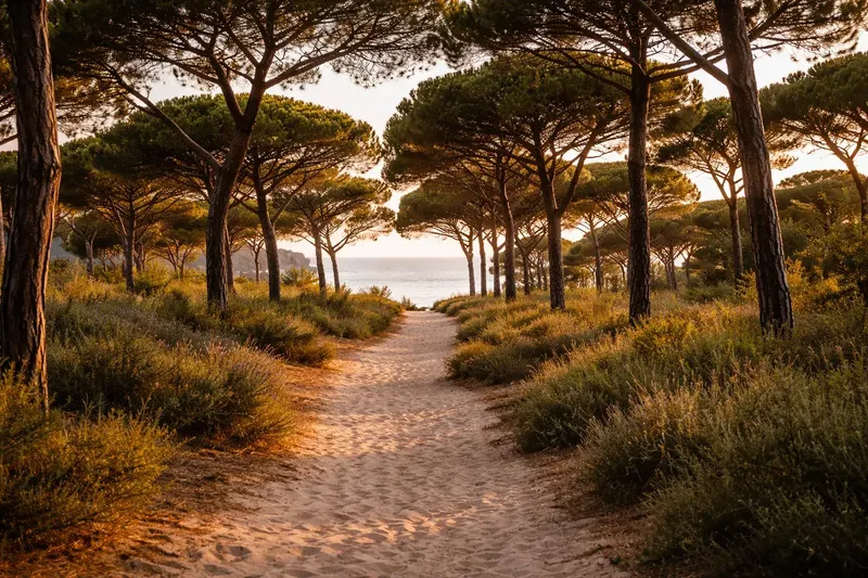 Um caminho ladeado de pinheiros a chegar à praia de areia branca da Comporta