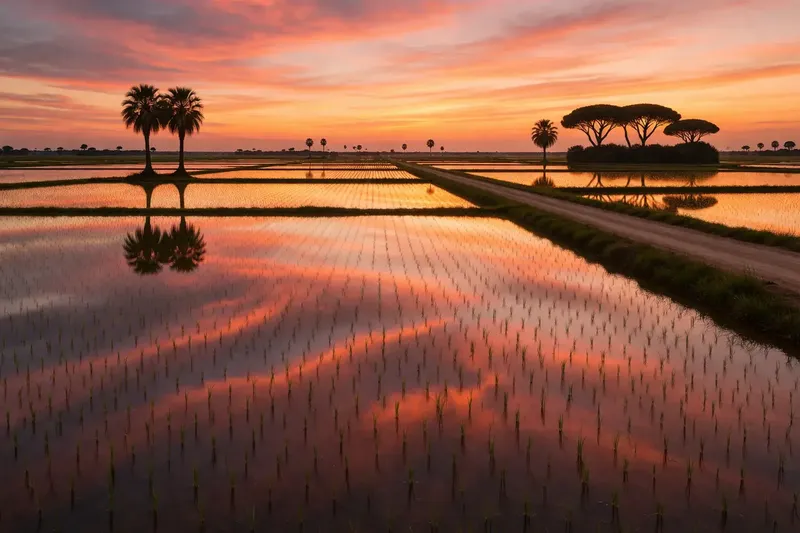 Os arrozais da Comporta ao pôr do sol, perto da costa atlântica