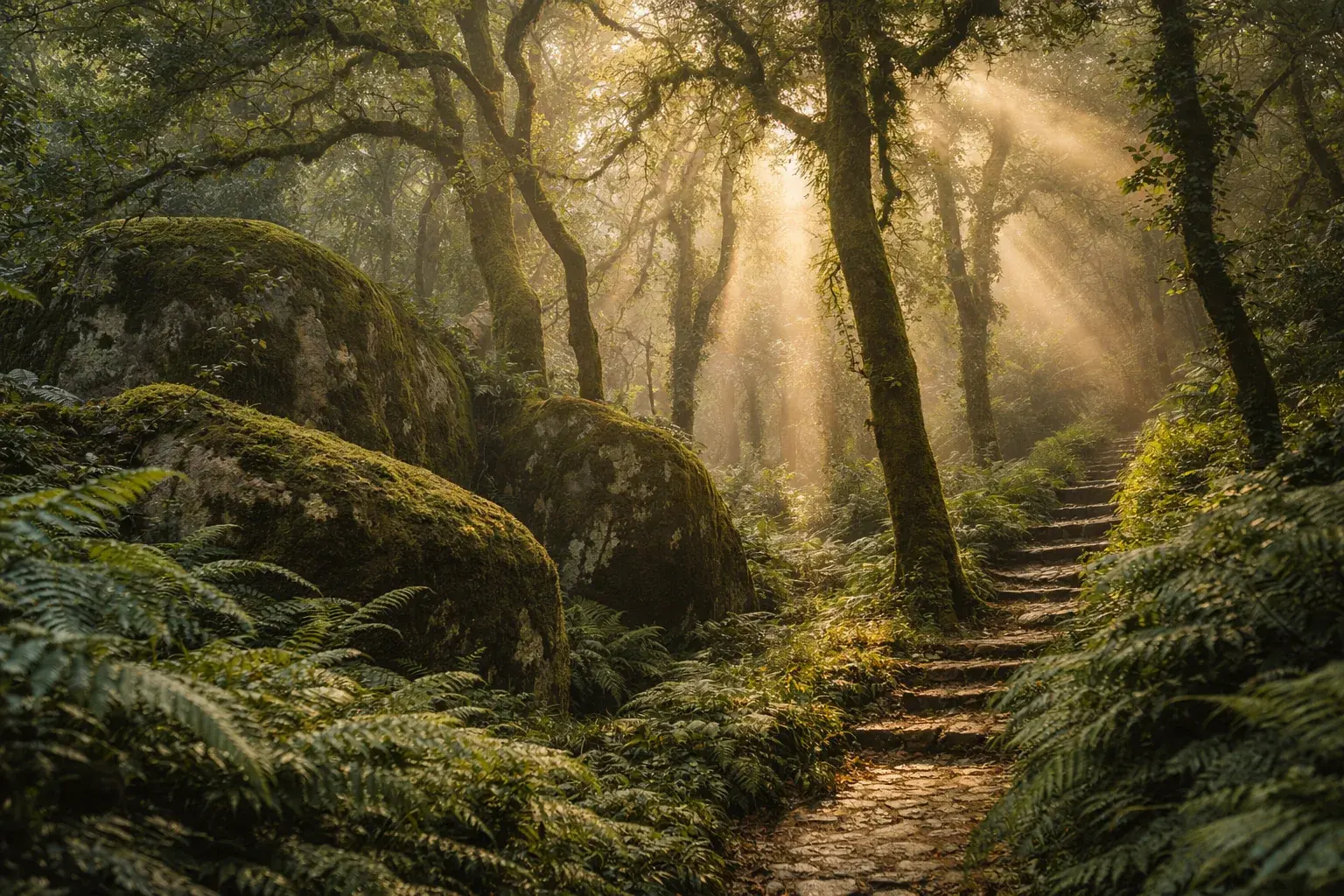 Sunrays through the forest path in the Sintra hills before a wedding weekend