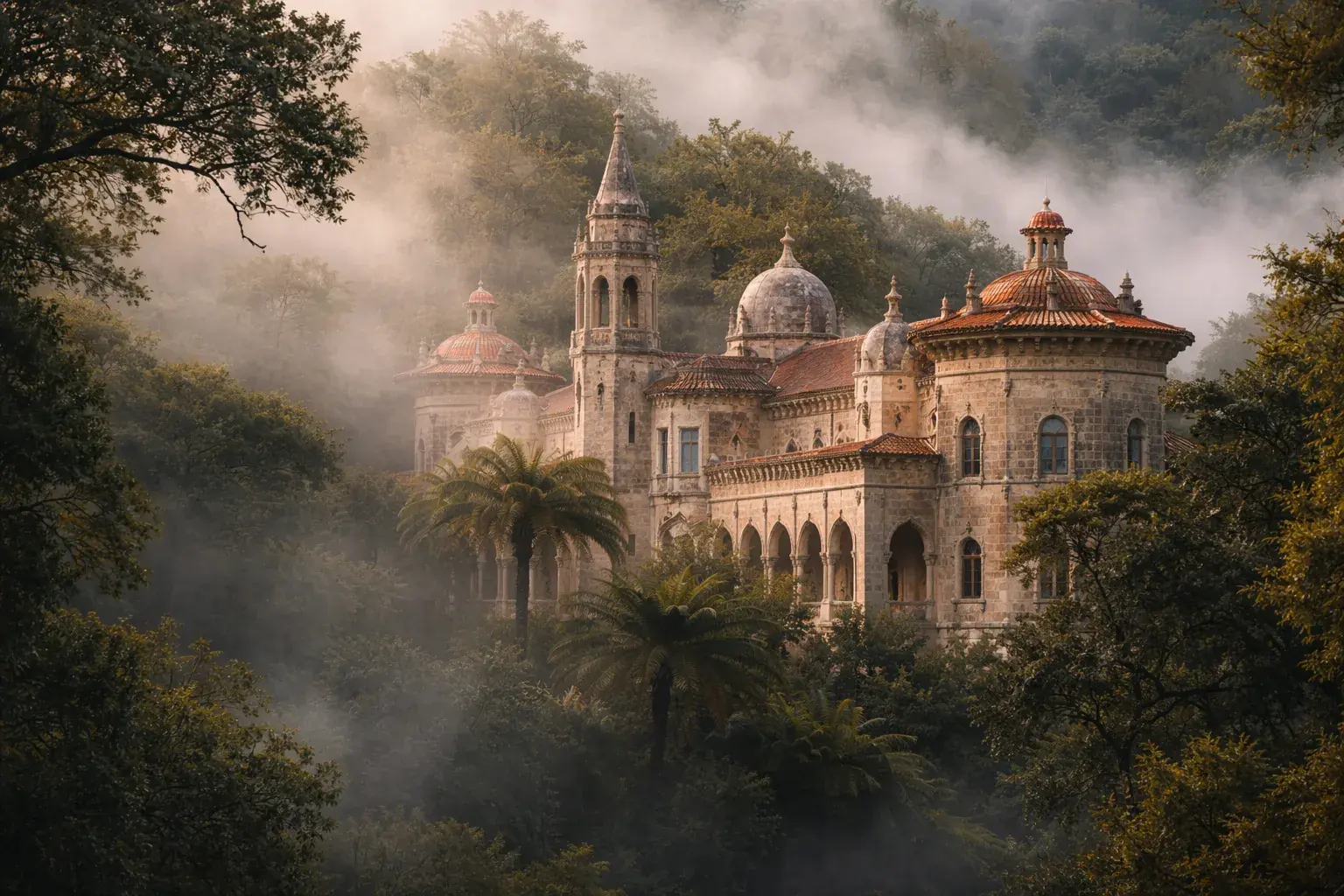 A palace rising through the misty forest of the Sintra hills