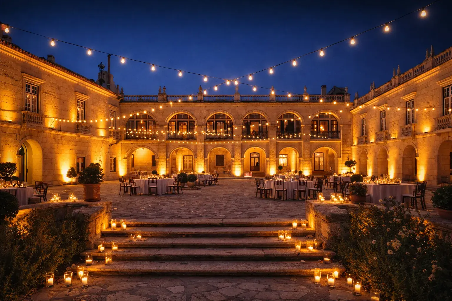 A private estate courtyard set for an off-radar welcome dinner