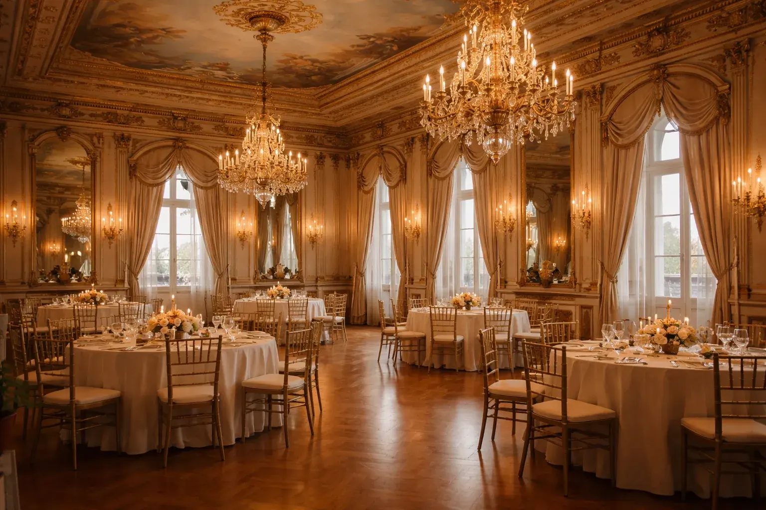 A palace ballroom dressed for a Sintra wedding reception