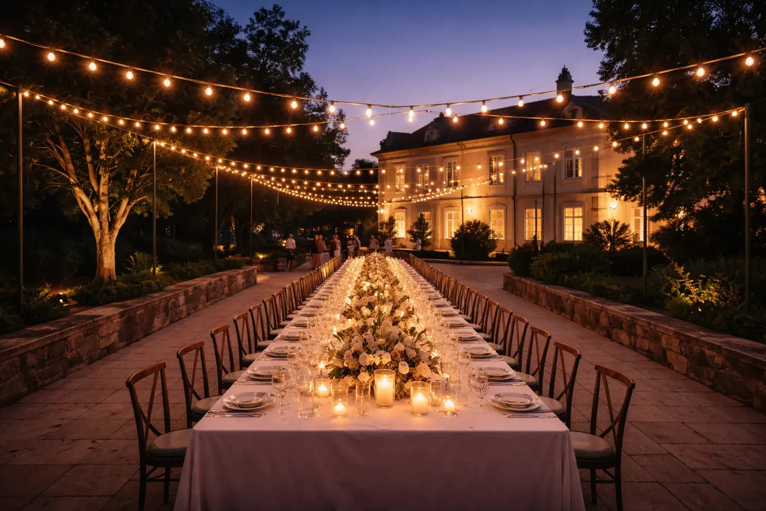 Long wedding table set in a palace garden in Portugal