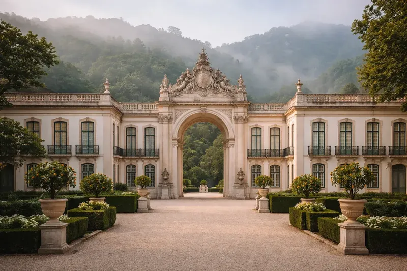 Fachada do palácio de Seteais banhada pela luz dourada da tarde