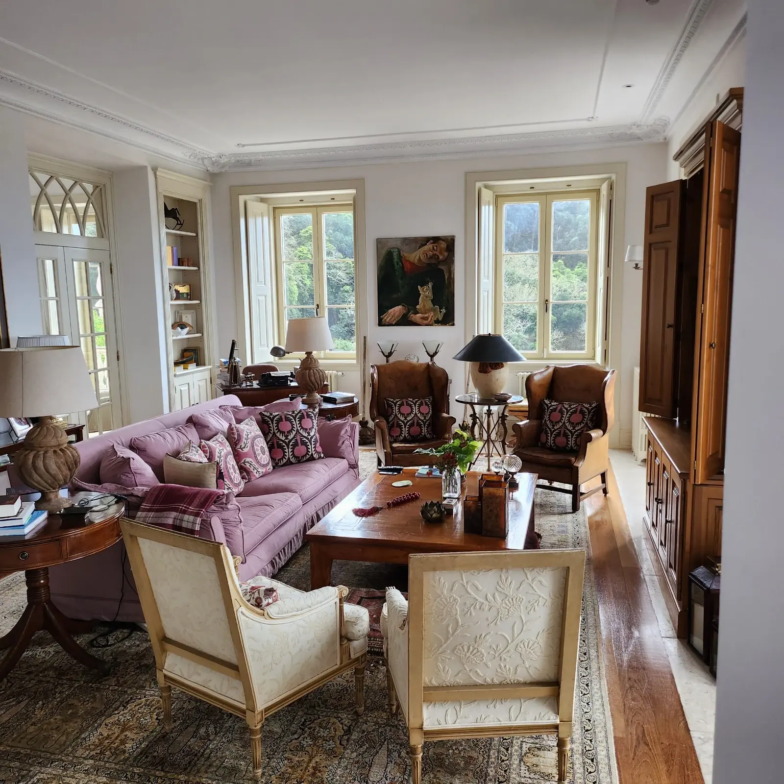 Palacio salon at Quinta da Bella Vista, arched windows, antiques and garden light