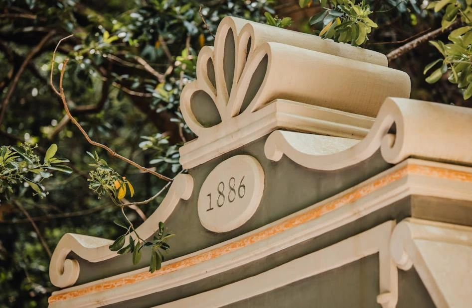 Carved stonework detail of the Garden Theater stage at Quinta da Bella Vista