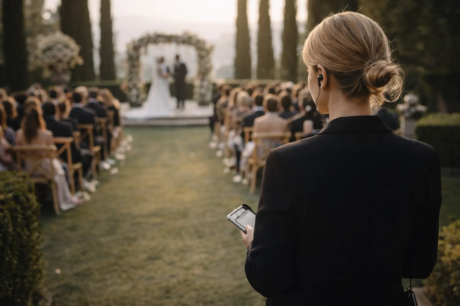 Lead coordinator overseeing outdoor ceremony in Portugal