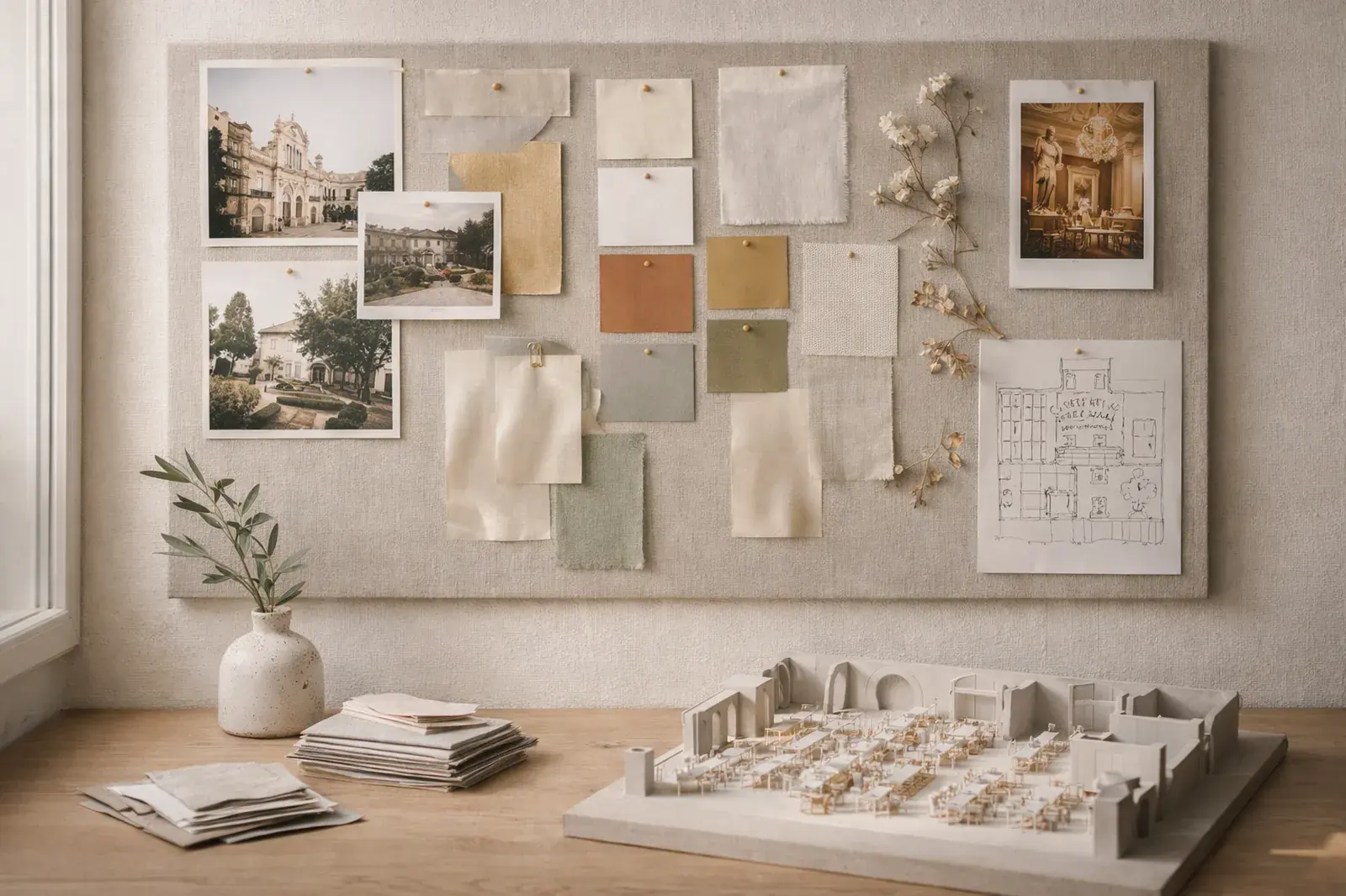 Creative direction moodboard with fabric swatches and 3D venue model