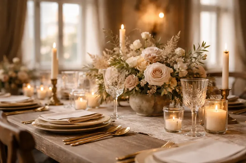 Curated tablescape with candlelight and floral composition
