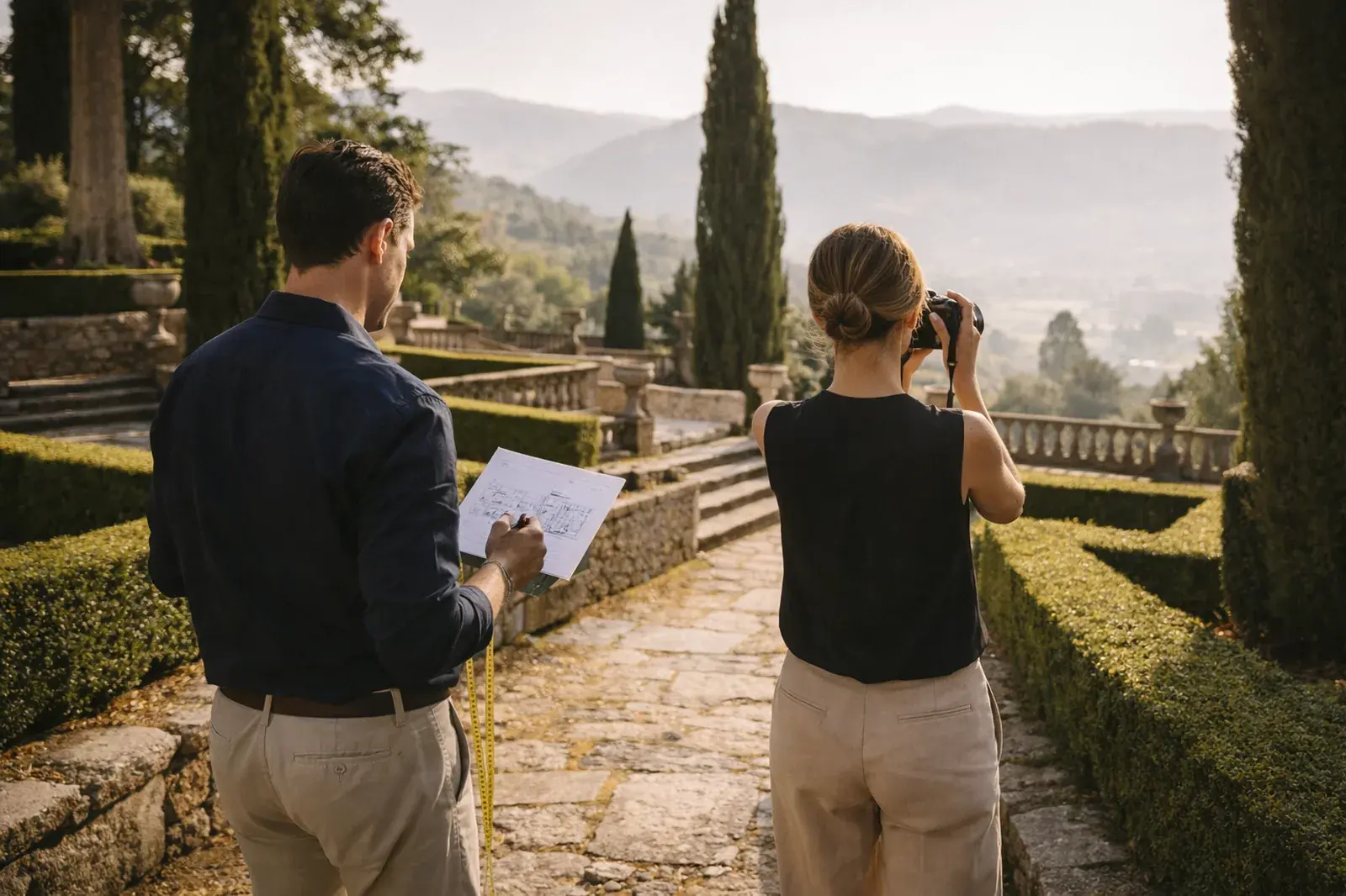 Creative team surveying Portuguese estate architecture