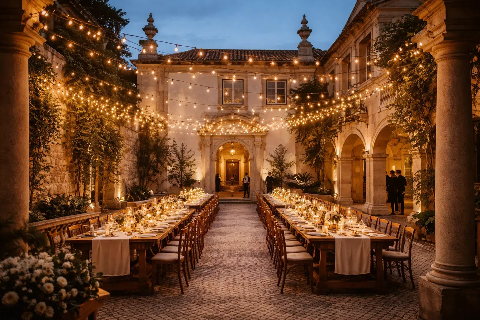 Completed courtyard dinner setup under coordination direction