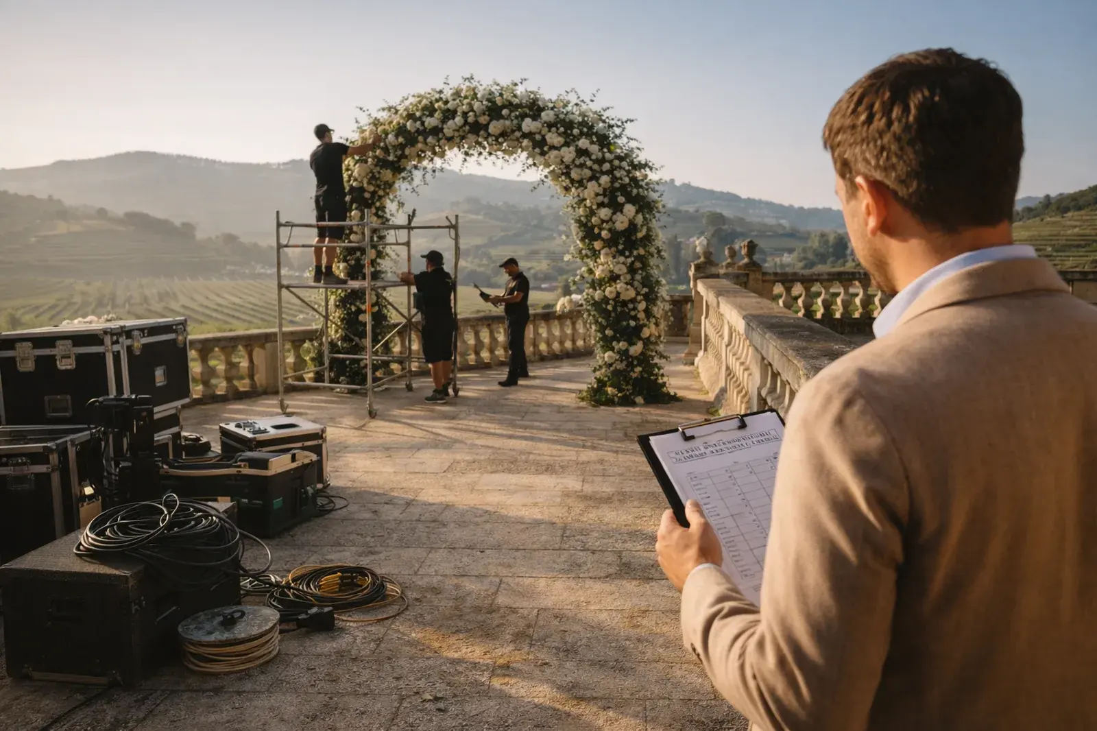 Production crew building ceremony arch at vineyard venue