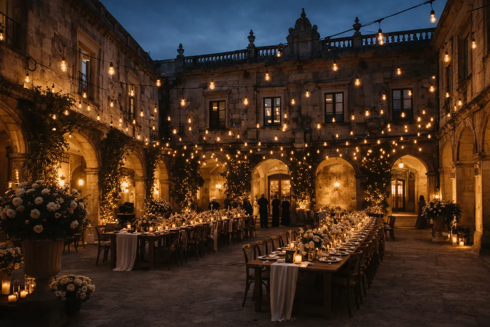 Luxury palace courtyard dinner production with festoon lighting