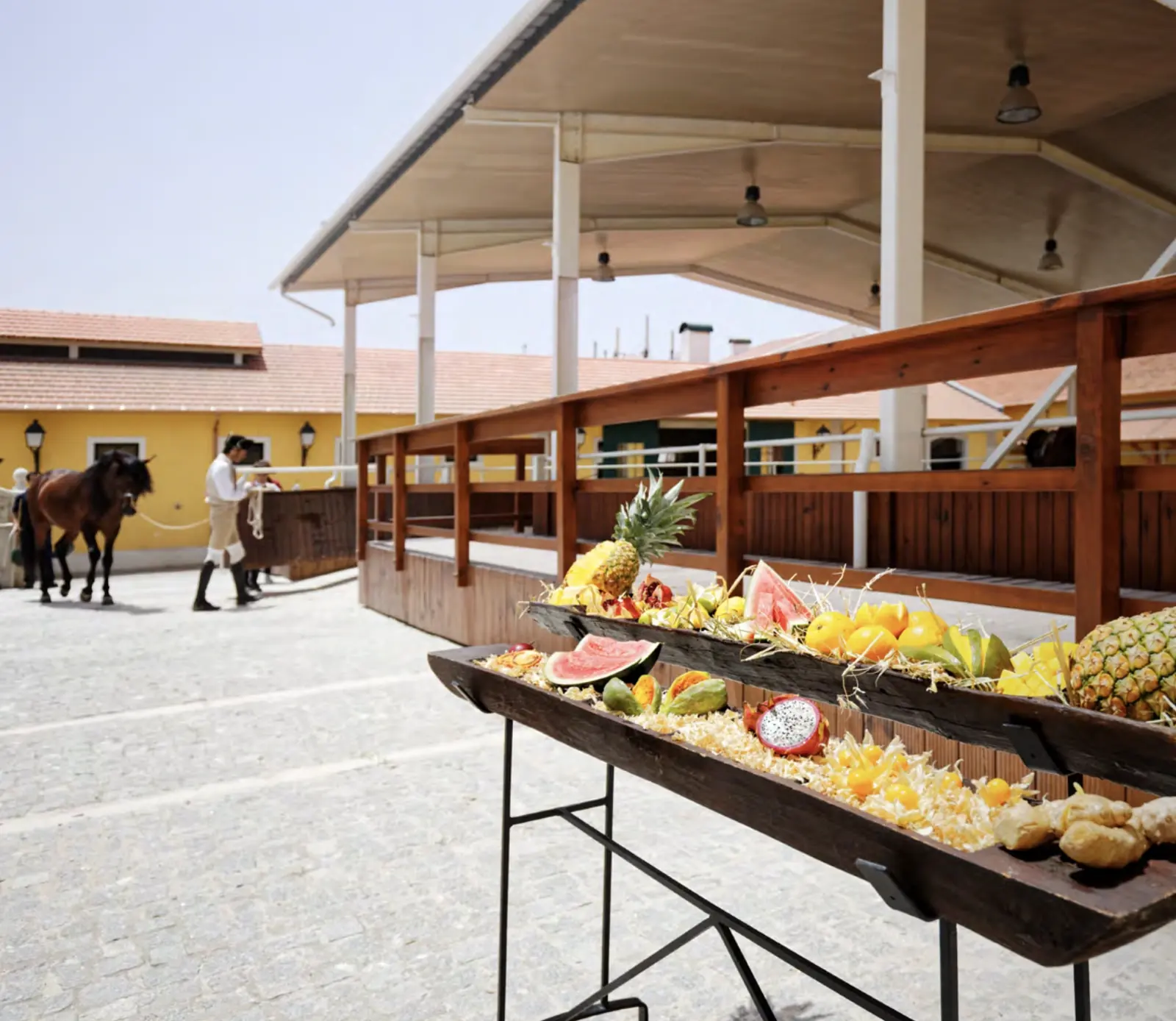 Picadeiro preparado como sala de banquete na Escola Portuguesa de Arte Equestre, para um jantar de casamento em Sintra