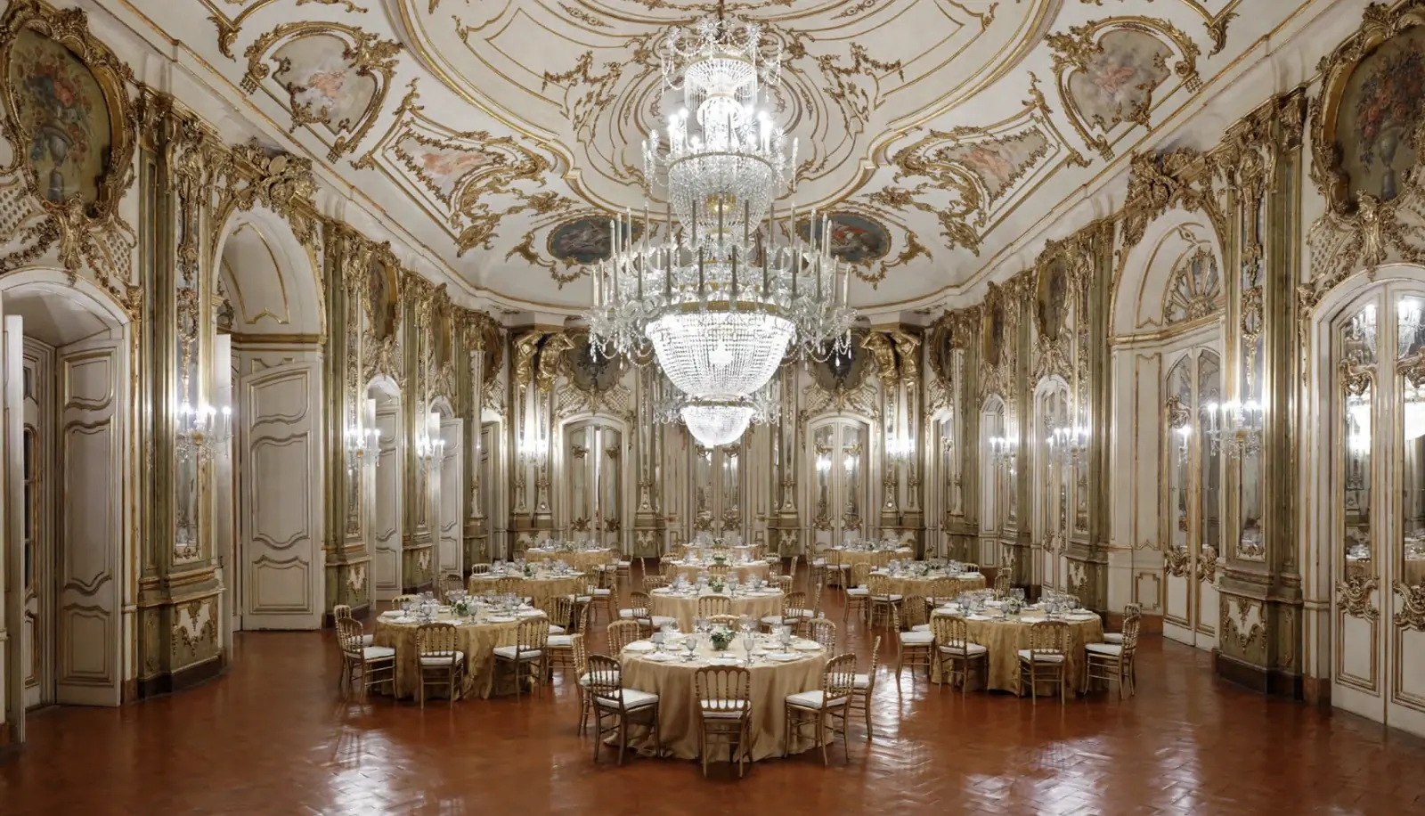 Sala do Trono do Palácio Nacional de Queluz, um salão de aparato dourado preparado para um jantar de casamento sentado em Sintra